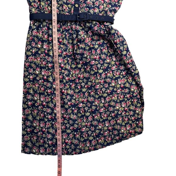 Vintage 80s Floral Belted Midi Dress Navy Pink Long Sleeve Sz 14 - Picture 11 of 11